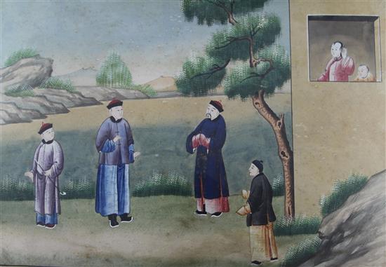 A pair of Chinese paintings on paper of figures in landscapes, Qianlong period, 41 x 60.5cm